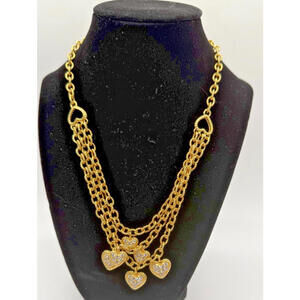 Multi-strand Chain Necklace, Gold Tone With Pave Rhinstone Hearts, Vintage, Y2K